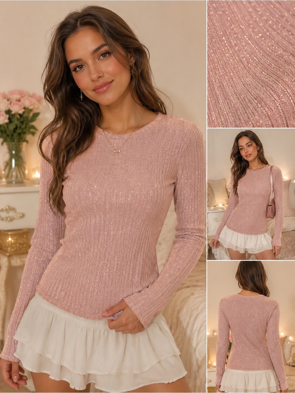 Glitter Pink Ribbed Long Sleeve Top Old Navy Soft Girl Coquette Y2K L Jumper